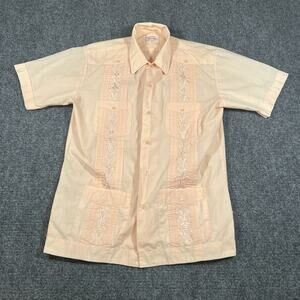 VTG 70s 80s Yucateca Men's Peach Orange Guayabera Hawaiian Wedding Shirt Medium